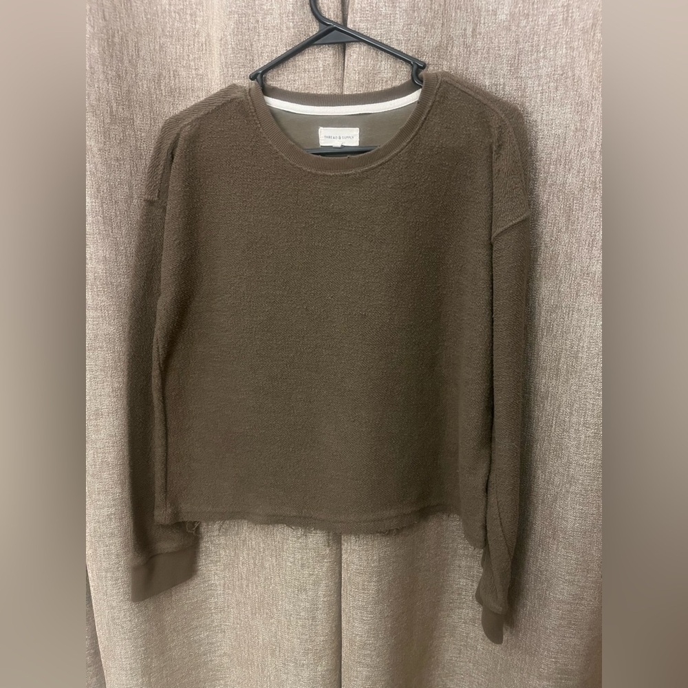 Thread & Supply Brown Distressed Crew Neck Sweater
